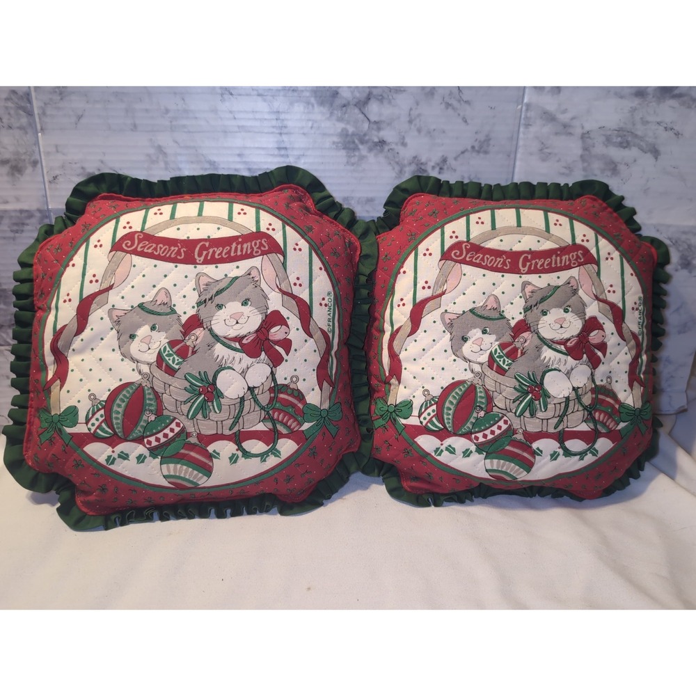 2x Vintage Christmas Cats Kittens Throw Pillows Holiday Fringe 13"x13" Franco